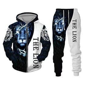 Men's Graphic Lion 2pcs 3D Sweatshirt Sets Hoodie Tracksuit Long Sleeve Long pants Hooded Streetwear Designer Basic Sports Outdoor Casual Sports Zipper Spring