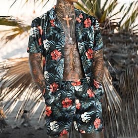 Homme Fleuri Fleurs tropicales Plantes Tropicales 2 pièces Ensembles de chemises Chemise hawaïenne Manche Courte Pantalon court Col Rabattu Mode Hawaïen Design