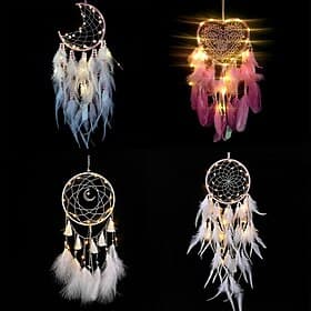 LED-Traumfänger-Wanddekoration mit Federanhänger, Wandbehang, Ornament, Windspiel, Licht für Auto, Zuhause, Mädchen, Kinderzimmer, Dekoration, Weihnachten, Geb