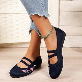 Women's Black Embroidered Mary Jane Flats – Breathable Mesh Slip-On Shoes with Double Straps – Casual Vintage Style for Daily Wear