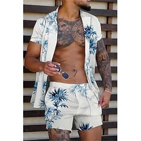 Herren Kokospalme Tropische Pflanzen 2St Hemden-Sets Sommer Hawaiihemd Kurzarm Kurze Hosen Umlegekragen Tropisch Mode Hawaiianisch Straße Lässig Ferien Druck S
