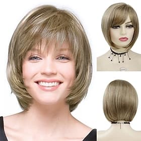 court mélange brun clair blonde bob perruque avec une frange pour les femmes blanches coiffures synthétiques naturelles avec surbrillance cheveux doux remplace