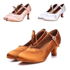 Women's Satin Dance Shoes with Adjustable Ankle Strap – Elegant Ballroom and Latin Dance Heels for Performances and Competitions
