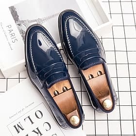 Mocasines de piel sintética de charol azul marino para hombre: zapatos de vestir clásicos sin cordones con acabado brillante, perfectos para ocasiones formales