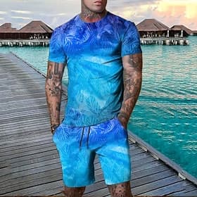 Men's Graphic Leaf Plant 2pcs Tees sets Shorts and T Shirt Set T-Shirt Outfits Short Sleeve Crew Neck Designer Casual Comfortable Outdoor Vacation Daily 3D Pri