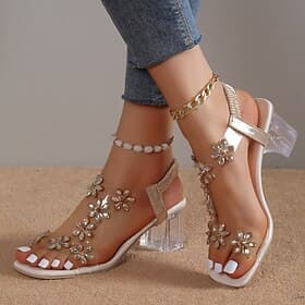Sandalias de tacón transparente con adornos florales y diamantes de imitación para mujer: elegantes zapatos de tacón alto con punta abierta para bodas y ocasio