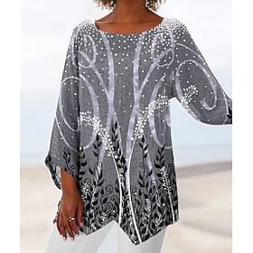 Blouse Femme Longue Manches Ourlet Asymétrique Chiffon Quotidien Basique Imprimé Feuille Longs Tops Col Ronde Décontracté Vacances Bleu Vert Gris Automne Hive