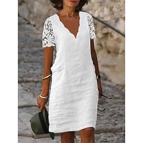Women's Midi Dress 100% Cotton Shift Dress White Dress Casual Dress Modern Casual Mature Daily Outdoor Vacation Regular Fit Plain Short Sleeve V Neck White Sum