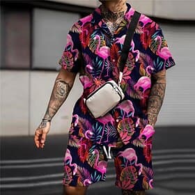 Men's Floral Flamingo Tropical 2pcs Shirts Sets Summer Hawaiian Shirt Short Sleeve Short Pants Turndown Fashion Streetwear Designer Outdoor Street Casual Print