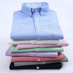 Men's Dress Shirt Button Down Shirt Non Iron Shirt Oxford Shirt Solid / Plain Color Wedding Office Career Black White Yellow Dark Navy Short Sleeve Shirt Coll