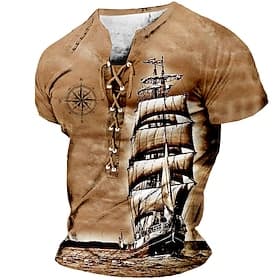 voilier et boussole hommes chemise graphique à lacets 3d pour la voile marron été coton tee bateau col montant vêtements imprimé quotidien sport manches courte