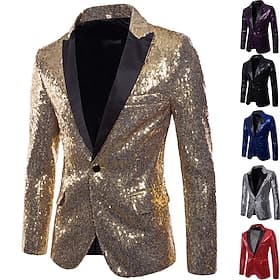 Men's Blazer Performance Cocktail Party Punk Fashion Spring Fall Sequin Solid Color Pocket Shining Single Breasted One-button Blazer Silver Black Red Blue