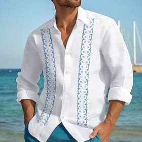 Hombre camisa de lino Camisa Guayabera Camisa de verano Camisa casual Camisa de playa A Rayas Vacaciones Hawaiano Blanco Azul Piscina Caqui Gris Manga Larga Di