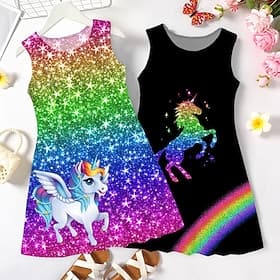 Girls' 3D Graphic Rainbow Unicorn Dress Sleeveless 3D Print Summer Spring Vacation Sports Outdoor Daily Cute Casual Sweet Kids 3-12 Years Casual Dress A Line