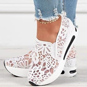 Women's Beige Lace Mesh Slip-On Platform Sneakers with Air Cushion Sole - Stylish and Comfortable Casual Shoes for Daily Wear