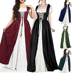 Retro Vintage Mittelalterlich Renaissance Nachthemd Überkleid Wikinger Irisch Elfen Zweiteilig Kostüm Damen Keltisch Seeräuber Fantasie Halloween Maskerade Url