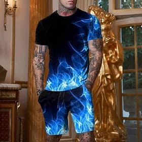 Men's Graphic Color Block Flame 2pcs Tees sets Matching Sets Short Sleeve Short Pants Crew Neck Designer Casual Comfortable Outdoor Vacation Daily 3D Print Spr