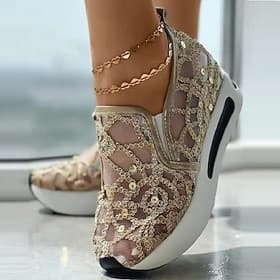 Zapatillas de deporte sin cordones con suela de plataforma y malla con lentejuelas doradas para mujer: elegantes zapatos casuales para fiestas y ocasiones espe