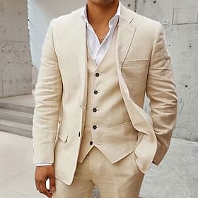 De los hombres Trajes de Lino boda en la playa Boda Blanco Azul cielo Primavera, Otoño, Invierno, Verano Traje Muesca Color sólido Ajustado Juego de 3 piezas R