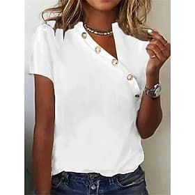 Femmes T-shirt Hauts Élégants Boutons Couleur Unie Élégant Occasionnel Manche Courte Col asymétrique Hauts Réguliers Quotidien Bleu Noir Blanche Rose Claire Ve