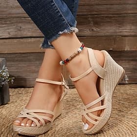 Women's Beige Wedge Sandals with Braided Platform Sole and Ankle Strap, Open-Toe Summer Shoes for Vacation, Beach, Boho Outfits and Daily Casual Wear