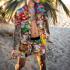 Men's Mushroom 2pcs Shirts Sets Summer Hawaiian Shirt Short Sleeve Short Pants Turndown Fashion Streetwear Designer Outdoor Street Casual Print Summer Spring P