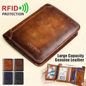 Portefeuille en cuir de vachette bloquant les RFID de grande capacité pour hommes – porte-carte d'identité à deux volets avec protection de sécurité