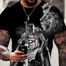 Herren Grafik Tempelritter T Shirt Christliche T-Shirts Kurzarm T-Shirt 3D-Druck Rundhalsausschnitt Hemd Vintage Mode Designer Outdoor Täglich Sport Schwarz un