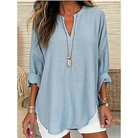 Women's Shirt Cotton Linen Shirts Cotton Blend Blouse Solid Color Plain Basic Long Sleeve Notched Neck Regular Tops Casual Daily White Sky Blue Spring Fall