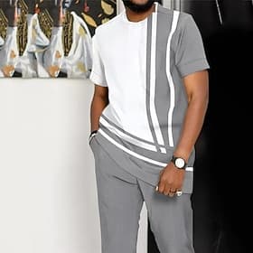 Homme Graphique Bloc de Couleur 2 pièces Ensembles de tees Té Ensemble Manche Courte Pantalon long Col ras du cou Designer Occasionnel Confortable Extérieur Va