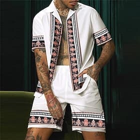 Men's Floral Print Totem Ethnic 2pcs Shirts Sets Summer Hawaiian Shirt Short Sleeve Short Pants Cuban Collar Fashion Streetwear Hawaiian Outdoor Street Daily P