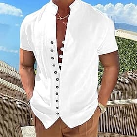 Men's Linen Shirt Summer Shirt Beach Wear Button Up Shirt Plain Vacation Curise Black White Pink Blue Short Sleeve Stand Collar Spring Summer Clothing Apparel