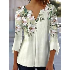 T-shirt Femme Quotidien Basique Imprimé Floral Manches 3/4 Tops Réguliers Col Rond Casual Vacances Vert Automne Hiver