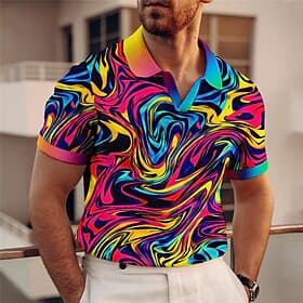 Men's Graphic Polo Shirts Golf Shirt Short Sleeve Polo Shirts V Neck Casual Vacation Wear Rave Wear Party Outfits 3D Print Yellow Red Blue