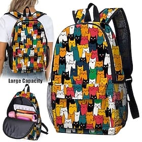 Sac à dos scolaire mignon à imprimé chat pour préadolescentes, grand format, style kawaii, avec de multiples poches, idéal pour la rentrée scolaire, les voyage