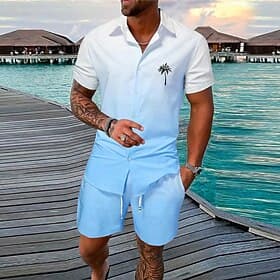 Men's Gradient Coconut Tree Tropical Plants 2pcs Shirts Sets Summer Hawaiian Shirt Short Sleeve Short Pants Turndown Fashion Streetwear Designer Outdoor Street