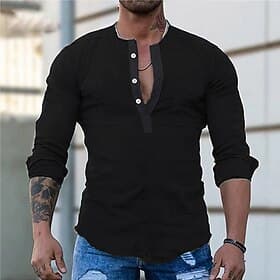 Men's Shirt Linen Shirt Summer Shirt Cotton Linen Shirt Long Sleeve Shirt Plain Street Sports Black Red Green Long Sleeve Henley Spring Fall Clothing Apparel