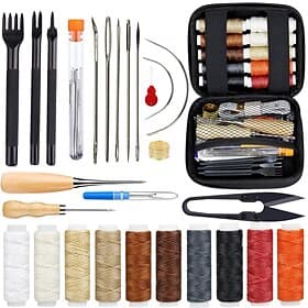 Leather Repair Sewing Kits, Leather Working Tools with Pro Waxed Thread, Large Eye Hand Sewing Needles, Versatile Awl, Heavy Duty Sewing Kit for Car, Upholster