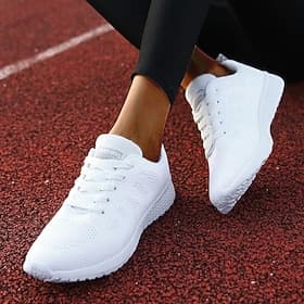 Women's White Knit Walking Sneakers - Lightweight Breathable Lace-Up Comfort Shoes for Daily Wear