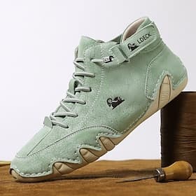 Men's Green Casual High-Top Faux Leather Sneakers – Lightweight Breathable Hand-Stitched Lace-Up Shoes for Outdoor Activities