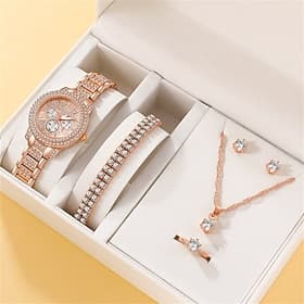 Set de 6 pièces montre de luxe cadeau de la fête des mères pour femmes bague collier boucles d'oreilles montre à bracelets de mode en strass montres décontract