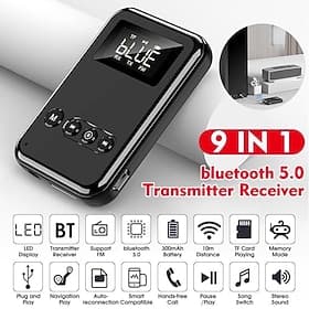 Émetteur-récepteur Bluetooth 5.0, adaptateur audio sans fil 9 en 1 avec affichage LED, lecteur de carte TF, radio FM, appels mains libres, entrée auxiliaire 3,