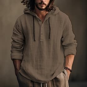 Men's Shirt Linen Shirt Calico Shirt Hooded Shirt Plain Casual Daily White Blue Brown Green Long Sleeve Hooded Spring Summer Clothing Apparel