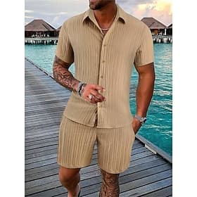 Men's 2 Piece Summer Shirt Matching Sets Beach Wear Casual Shirt Button Up Shirt Black White Pink Red Dark Navy Short Sleeve Plain Stripes / Ripples Lapel Vaca
