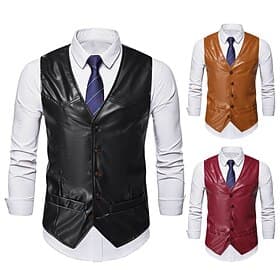 Men's Vest Leather Vest Birthday Party Casual Daily Traditional / Classic All Seasons Faux Leather Lightweight Solid / Plain Color Single Breasted Collarless S