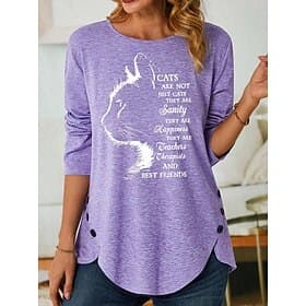 Women's T Shirt Fashion Cat Letter Print Long Sleeve Regular Tops Round Neck Daily Weekend Black Pink Purple Gray Spring Fall