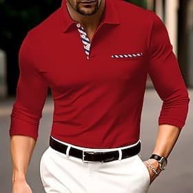 Men's Polo Shirts Button Up Polos Casual Sports Lapel Long Sleeve Fashion Basic Color Block Buttons Front Pocket Spring Fall Regular Fit Red Polo Shirts