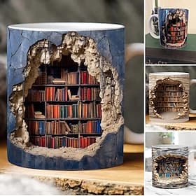 3D Bookshelf Mug, Ceramic Mug,Library Bookshelves Hole In A Wall Mug,Book Lovers Coffee Mug, Cool Bookish Gifts for Readers Christmas Xmas Gift