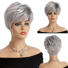 Perruque courte grise pour femme, perruque synthétique coupe lutin en couches gris argenté avec frange, perruque de cheveux d'aspect naturel pour femme, perruq