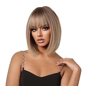 Prreey Bob-Perücke, Echthaar, für Damen, gerade, kurz, blond, 35,6 cm, mit verstellbarer Lasche, brauner Tee, natürliche Farbe, Bob-Perücke mit Pony für den Al